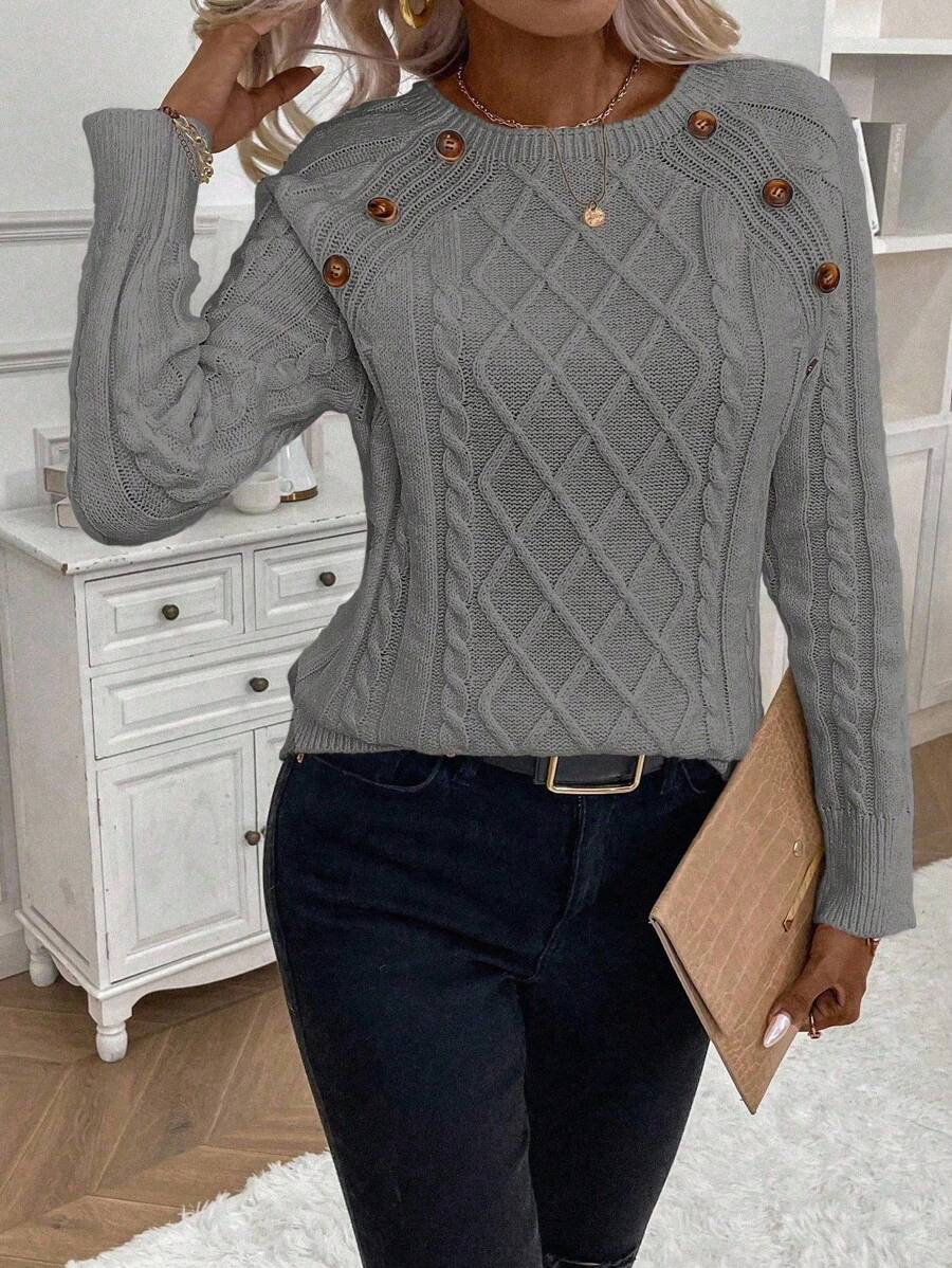 Clara – Button-Detail Cable Knit Sweater