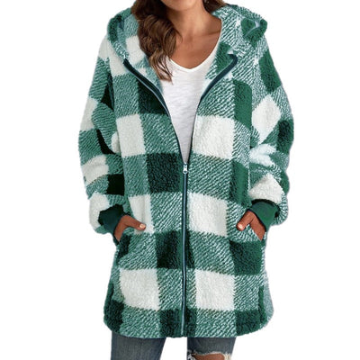 Caron - Plaid Fleece Long Sleeve Hooded Coat