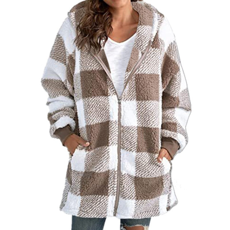 Caron - Plaid Fleece Long Sleeve Hooded Coat