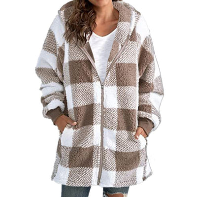Caron - Plaid Fleece Long Sleeve Hooded Coat