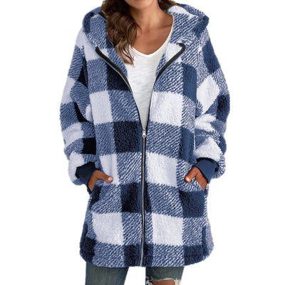 Caron - Plaid Fleece Long Sleeve Hooded Coat
