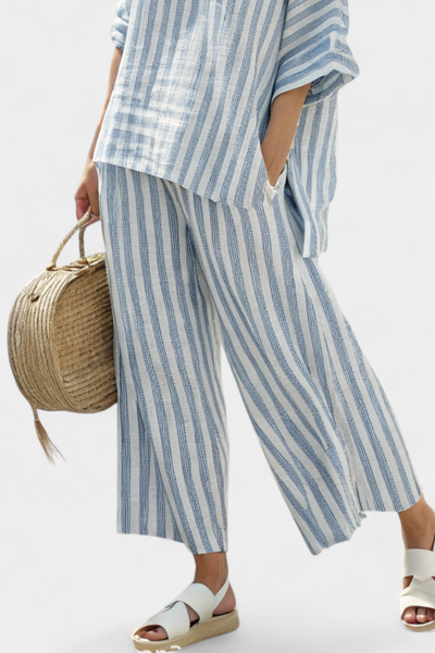 Rensleigh | Sophisticated Blue Striped Linen Top & Relaxed Pants