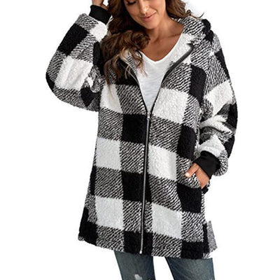 Caron - Plaid Fleece Long Sleeve Hooded Coat