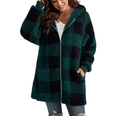 Caron - Plaid Fleece Long Sleeve Hooded Coat