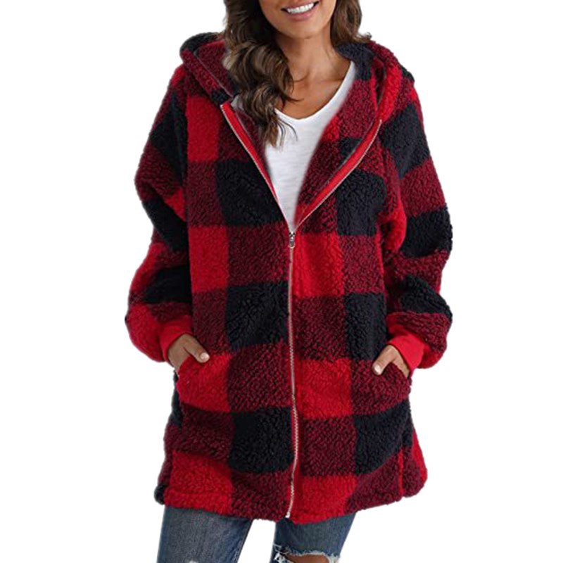 Caron - Plaid Fleece Long Sleeve Hooded Coat