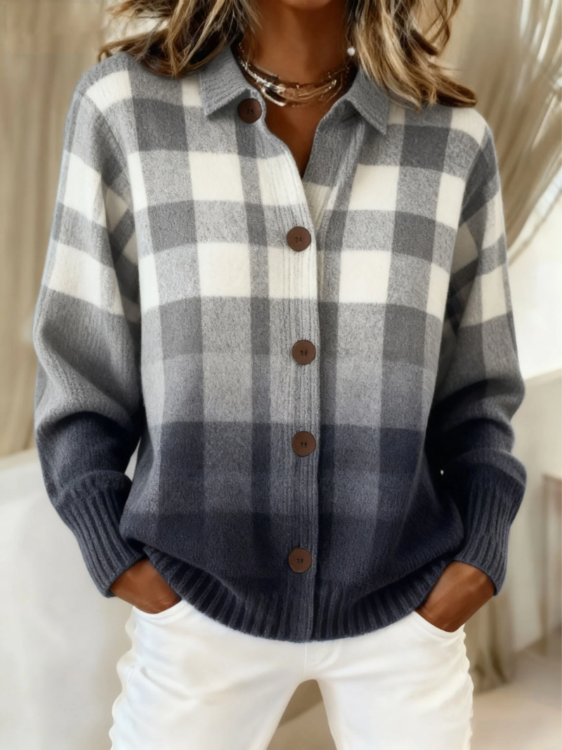 Agnes | Grey Ombre Plaid Button-Up Cardigan