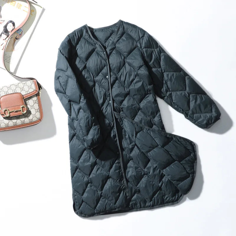 Gráinne | Chic Argyle Quilted Long Down Coat