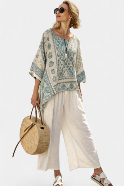 Quinley | Comfortable Printed Blouse & Wide-Leg White Pants